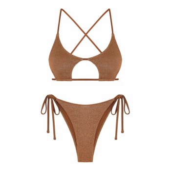 ZAFUL Women's Cutout Tie Side Sparkly Metallic Shiny Criss Cross Star Shaped High Cut Cheeky Bikini Set Swimwear Xs Coffee