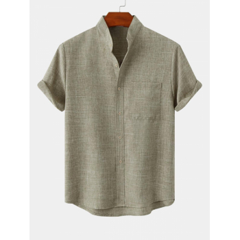 ZAFUL Men's Solid Color Cotton Linen Textured Front Pocket Shirt S Light coffee