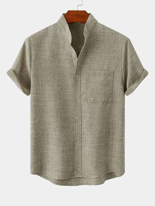 ZAFUL Men's Solid Color Cotton Linen Textured Front Pocket Shirt S Light coffee