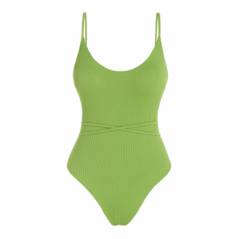 ZAFUL Ribbed Lace Up One-piece Swimsuit M Green