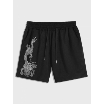 Chinese Style Dragon Pattern Sweat Shorts Xl Black