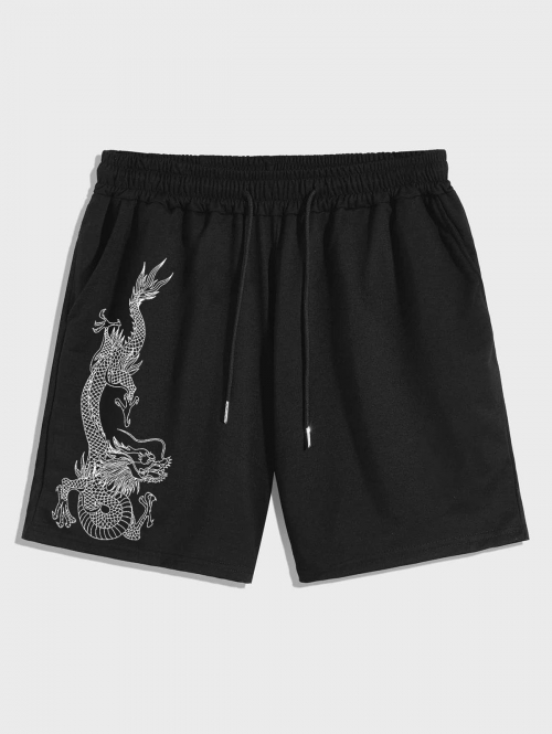 Chinese Style Dragon Pattern Sweat Shorts Xl Black