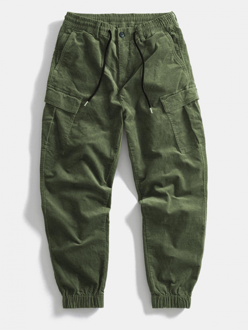 ZAFUL Men's ZAFUL Multi Pockets Design Elastic Cuff Corduroy Cargo Pants L Deep green