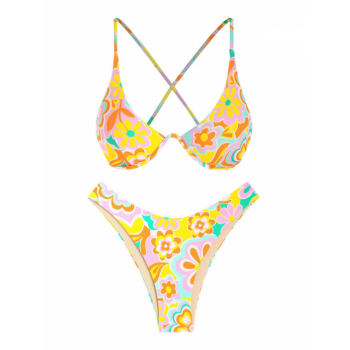 ZAFUL Flower Print Criss Cross Monowire Bikini Swimwear M Multi a