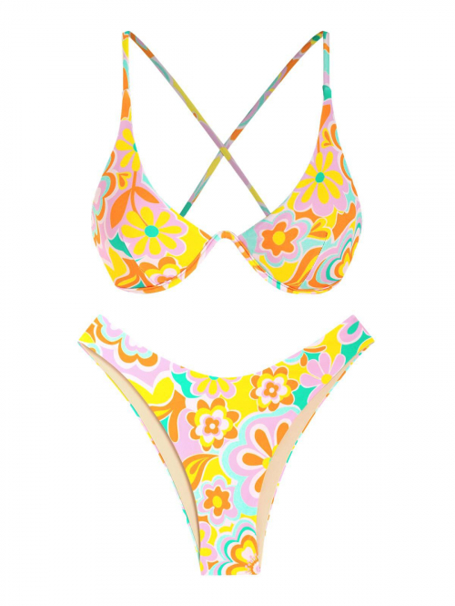 ZAFUL Flower Print Criss Cross Monowire Bikini Swimwear M Multi a