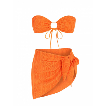 Women Three-Pieces Textured Multiway Bandeau Bikini Set With Sarong Skirt Orange