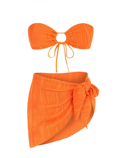 Women Three-Pieces Textured Multiway Bandeau Bikini Set With Sarong Skirt Orange