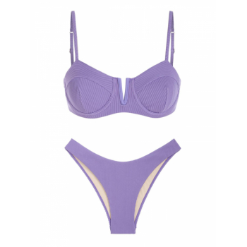 Underwire V-wire Ribbed Cheeky Bikini Set M Purple