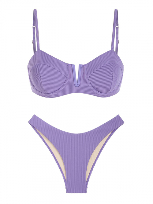 Underwire V-wire Ribbed Cheeky Bikini Set M Purple