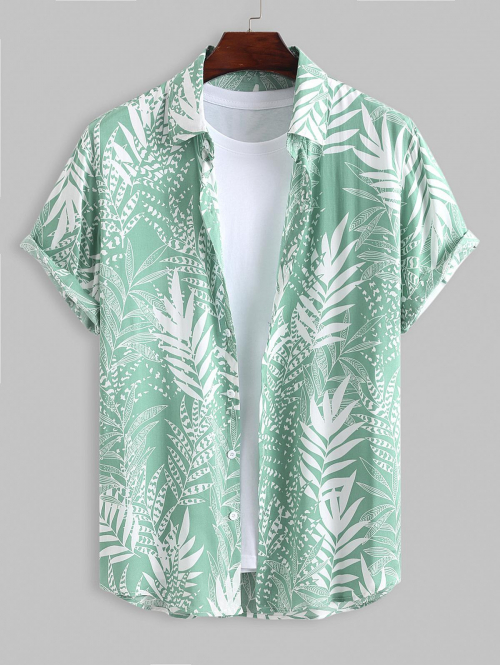 ZAFUL Men's Tropical Leaves Printed Vacation Short Sleeves Shirt Xxl Light green