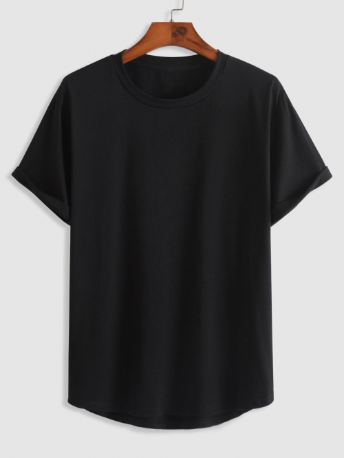 ZAFUL Men's ZAFUL Solid Color Asymmetry Hem Short Sleeves Athletic Basic Tee L Black