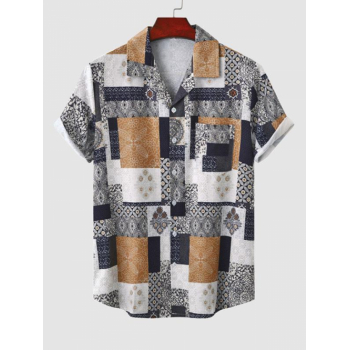 ZAFUL Men's Ethnic Style Patternblock Print Lapel Collar Short Sleeves Vacation Shirt L Coffee