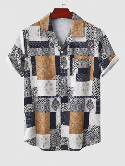 ZAFUL Men's Ethnic Style Patternblock Print Lapel Collar Short Sleeves Vacation Shirt L Coffee