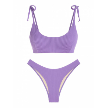 Lavender Tie Shoulder Textured Tank Cheeky Bikini Set Purple