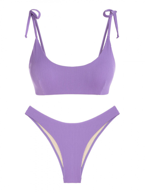 Lavender Tie Shoulder Textured Tank Cheeky Bikini Set Purple