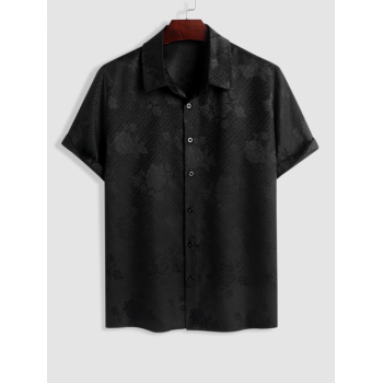 ZAFUL Men's ZAFUL Jacquard Rose Pattern Satin Textured Short Sleeves Shirt L Black