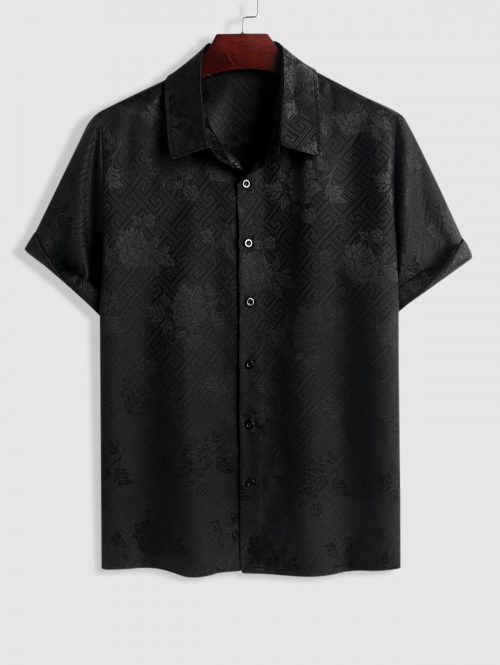 ZAFUL Men's ZAFUL Jacquard Rose Pattern Satin Textured Short Sleeves Shirt L Black