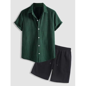 ZAFUL Men's Striped Pattern Short Sleeves Shirt and Basic Shorts Set Deep green