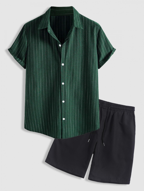 ZAFUL Men's Striped Pattern Short Sleeves Shirt and Basic Shorts Set Deep green