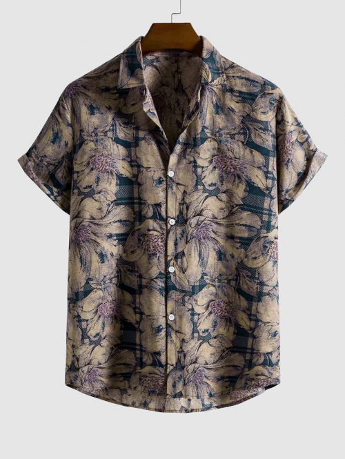 ZAFUL Men's Striped Blooming Floral Print Vintage Short Sleeves Shirt 2xl Deep blue