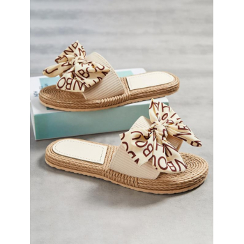 Women Letter Pattern Bow Detail Slip On Espadrilles Sandals Slides