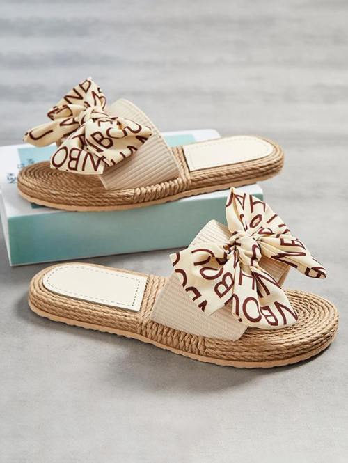 Women Letter Pattern Bow Detail Slip On Espadrilles Sandals Slides