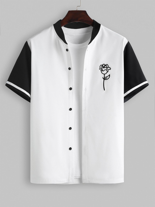 ZAFUL Men's ZAFUL Color Spliced Rose Embroidered Short Sleeves Baseball Shirt S White