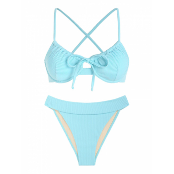 ZAFUL Ribbed Bowknot High Leg Scrunch Butt Bikini Swimwear S Light blue