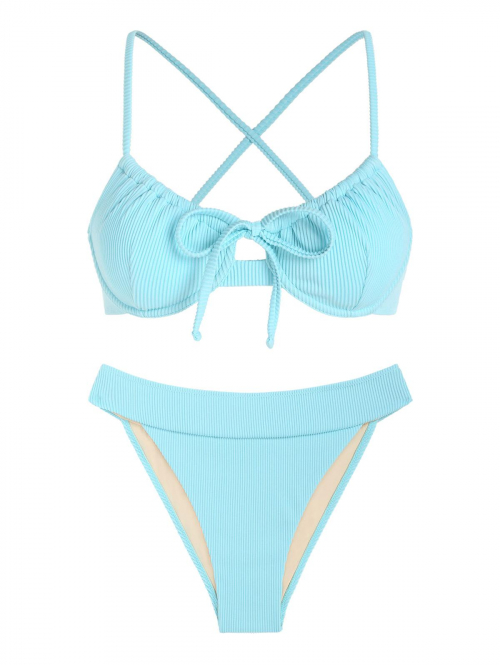 ZAFUL Ribbed Bowknot High Leg Scrunch Butt Bikini Swimwear S Light blue