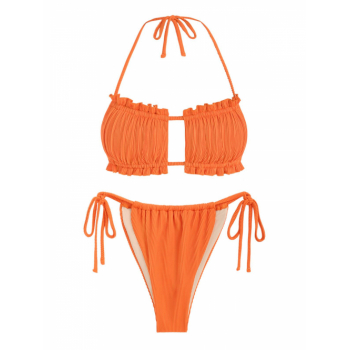 Multiway Frilled Textured String Tanga Bikini Set M Orange