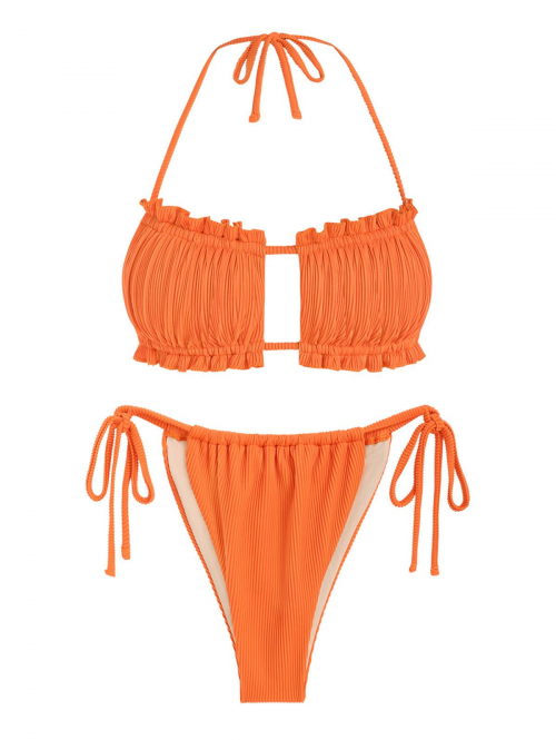 Multiway Frilled Textured String Tanga Bikini Set M Orange