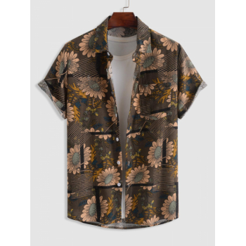 ZAFUL Men's Sunflowers Pattern Cotton and Linen Textured Short Sleeves Shirt Xxl Deep coffee