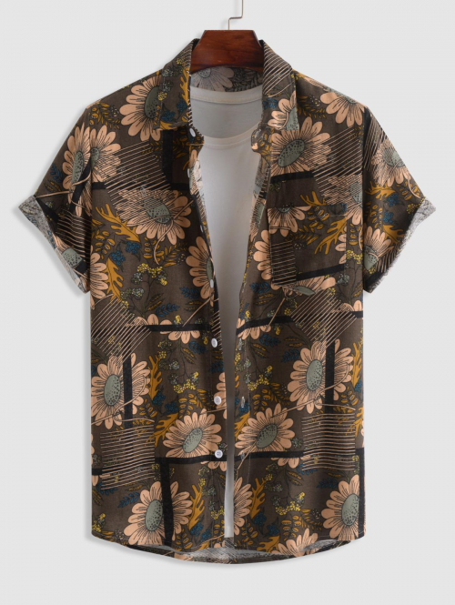 ZAFUL Men's Sunflowers Pattern Cotton and Linen Textured Short Sleeves Shirt Xxl Deep coffee