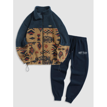 ZAFUL Men's Ethnic Aztec Tribal Print Zip Fly Fluffy Jacket and Embroidered Polar Fleece Sweatpants Set Deep blue