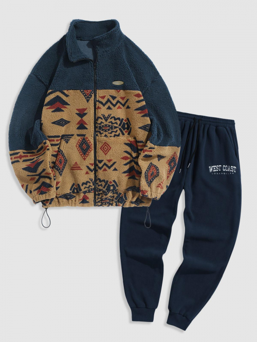 ZAFUL Men's Ethnic Aztec Tribal Print Zip Fly Fluffy Jacket and Embroidered Polar Fleece Sweatpants Set Deep blue