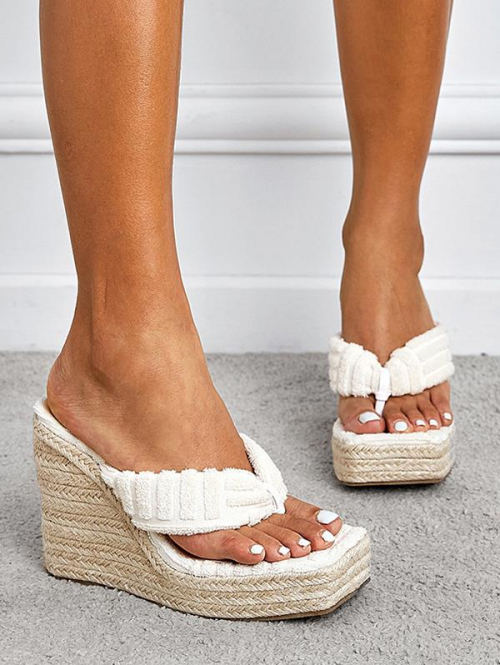 Women Toweling Wedge Espadrille Thong Sandals