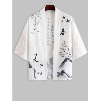 ZAFUL Men's Chinese Characters Crane Floral Pattern Open Front Kimono Xl White