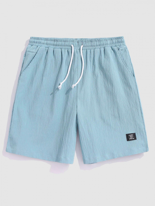 ZAFUL Drawstring Applique Decor Pocket Plain Wrinkle Shorts S Light blue