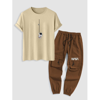 ZAFUL Men's Astronaut Short Sleeve T Shirt With Cargo Pants Two Piece Set Coffee