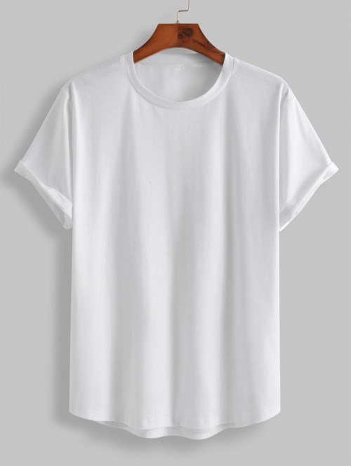 ZAFUL Men's ZAFUL Solid Color Asymmetry Hem Short Sleeves Athletic Basic Tee L White