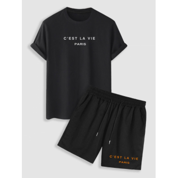 ZAFUL Men's C'EST LA VIE Letter Printed Casual T-shirt and Drawstring Shorts Set Black