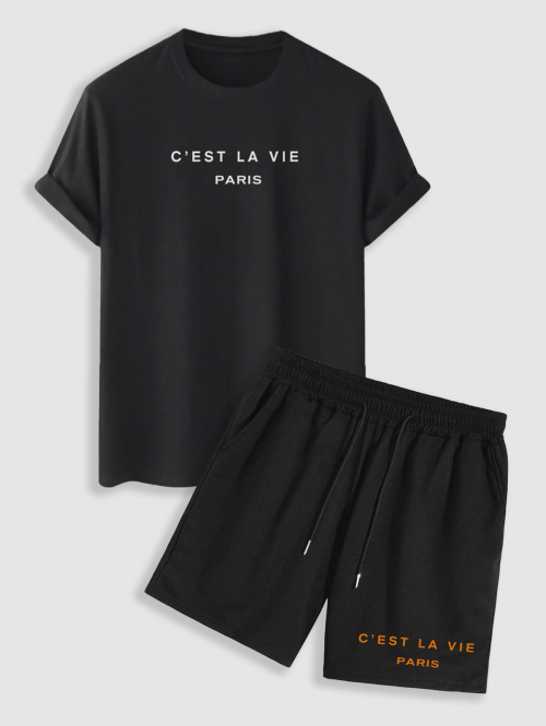 ZAFUL Men's C'EST LA VIE Letter Printed Casual T-shirt and Drawstring Shorts Set Black