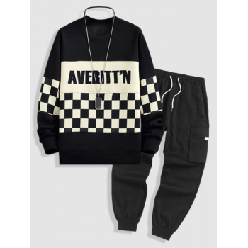 ZAFUL Men's Letter Checkerboard Pattern Pullover Sweatshirt and Techwear Cargo Pants Set Black