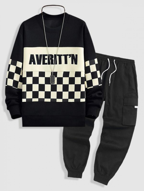 ZAFUL Men's Letter Checkerboard Pattern Pullover Sweatshirt and Techwear Cargo Pants Set Black