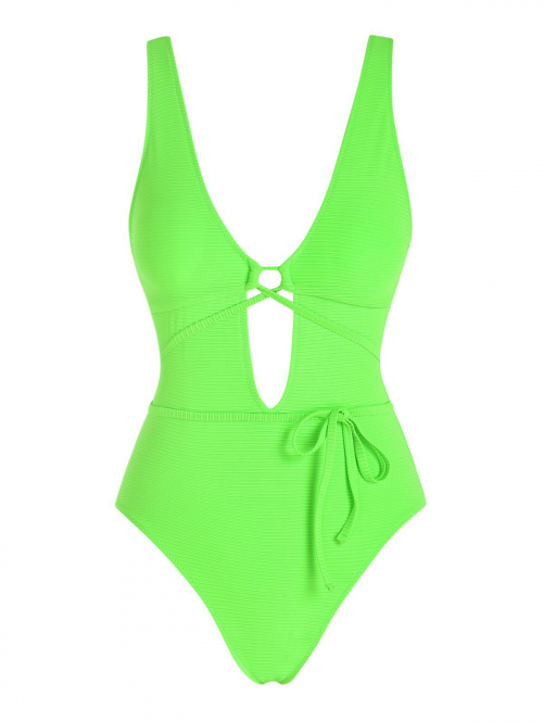 ZAFUL Textured Plunging Neck Criss Cross One-piece Swimsuit S Green