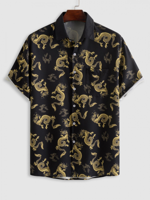 ZAFUL Men's Oriental Dragon Pattern Short Sleeves Shirt L Black