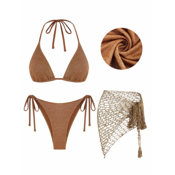 Women Three-Pieces Shimmer Glitter Triangle String Bikini Set With Openwork Crochet Skirt Coffee