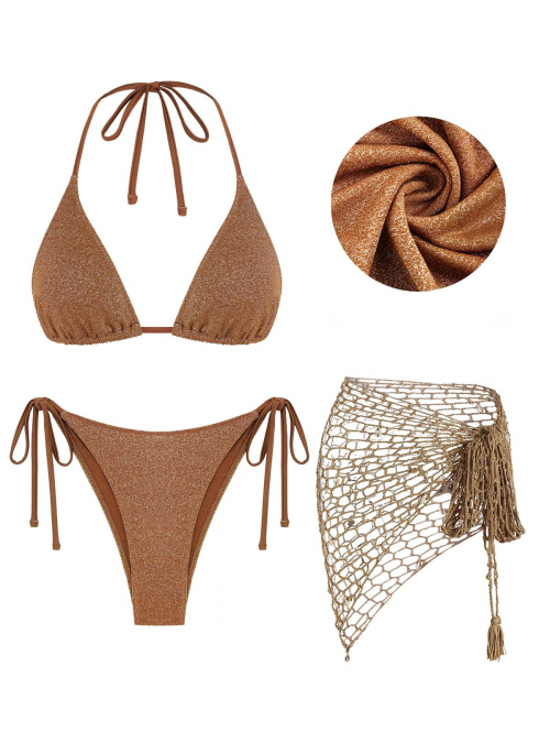 Women Three-Pieces Shimmer Glitter Triangle String Bikini Set With Openwork Crochet Skirt Coffee