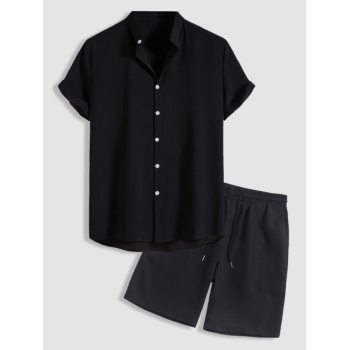 ZAFUL Men's Solid Color Stand Collar Short Sleeves Shirt and Casual Shorts Set Black