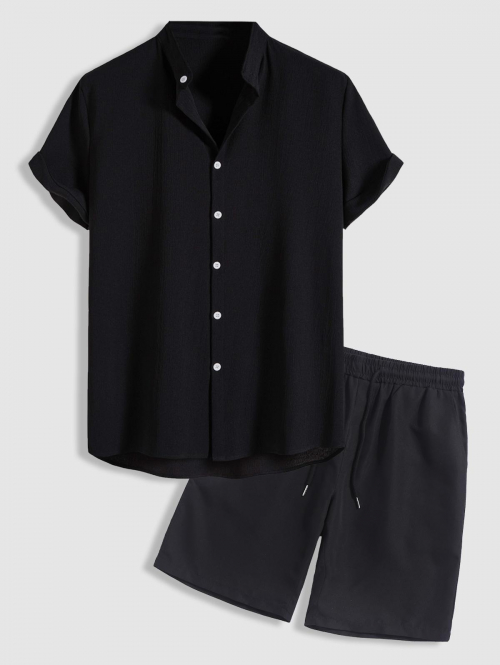 ZAFUL Men's Solid Color Stand Collar Short Sleeves Shirt and Casual Shorts Set Black